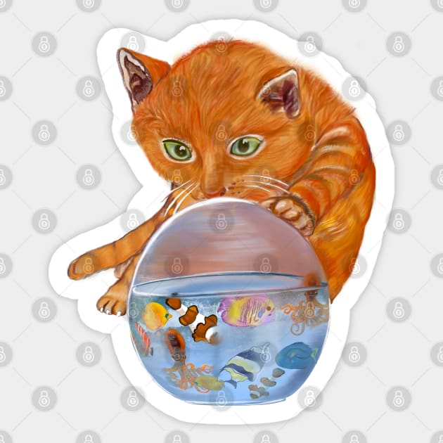 Curious kitten with Aquarium Globe - cute ginger cat with Octopus squid and friends  tropical Coral reef fish rainbow coloured / colored   fish and octopus swimming under the sea Sticker by Artonmytee